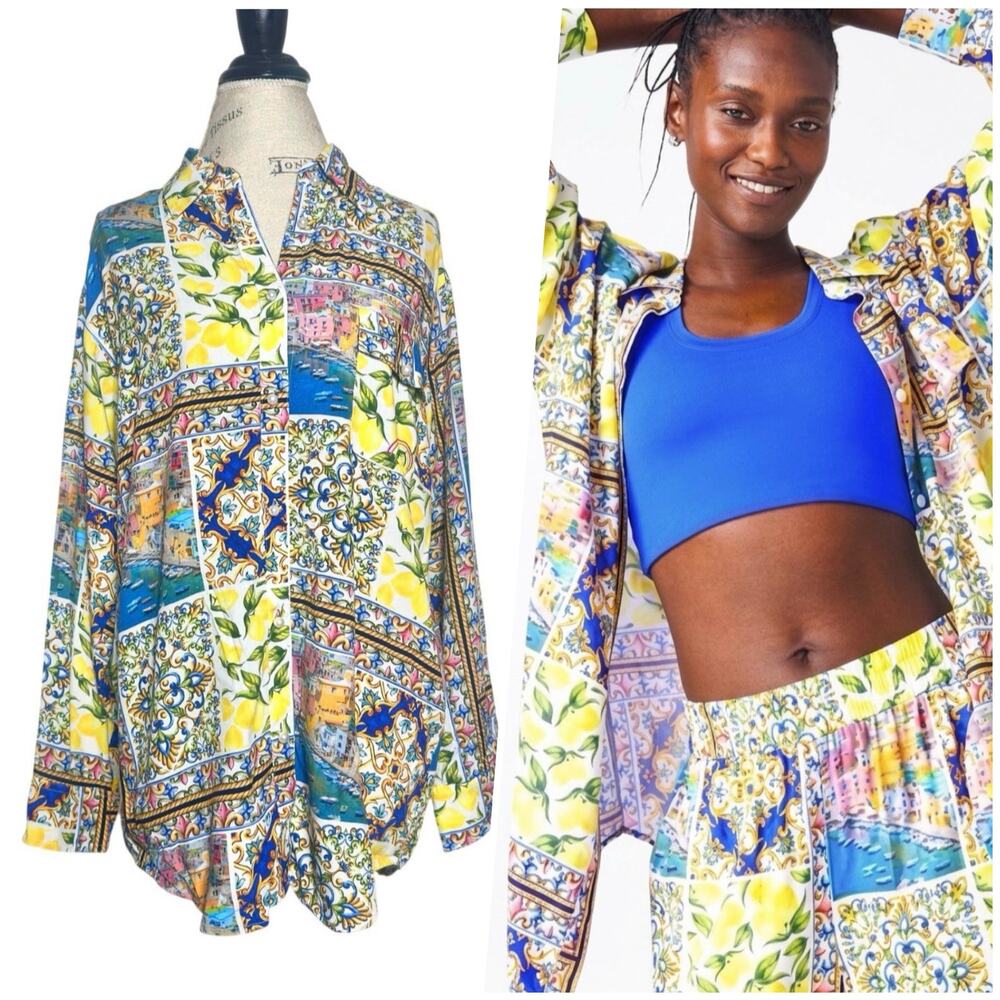 Terez | Women | Amalfi Mediterranean Tile Patchwork Button Up Blouse | Medium